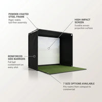 Golf Simulator Enclosure Built for Indoor Practice, Premium Impact Screen, Side Barriers, 7 Sizes — infographic