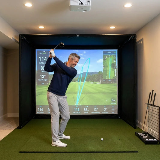 Golf Simulator Enclosure Built for Indoor Practice, Premium Impact Screen, Side Barriers, 7 Sizes — Lifestyle